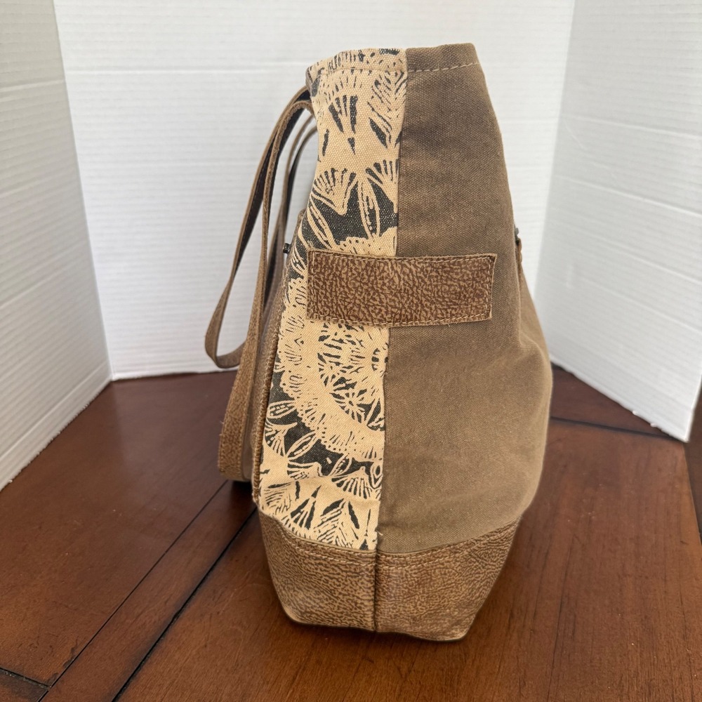 Myra Bag Canvas Leather Patchwork Tote Shoulder Bag Brown Tan Botanical Print - Picture 4 of 12